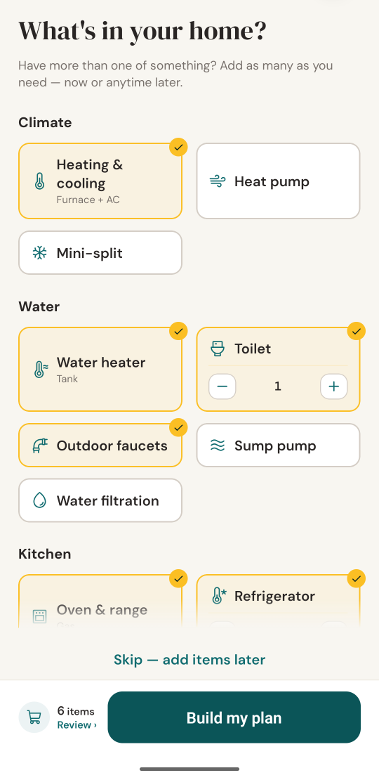 Eden's setup screen asking what's in your home, with the furnace, water heater, toilet, and kitchen appliances checked off